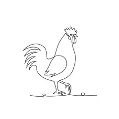 Cock one line drawing on white isolated background.
