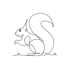 Squirrel one line drawing on white isolated background.