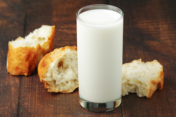 A glass of milk and wheat bread as countryside breakfast