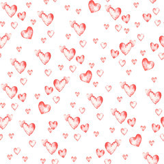 Artistic seamless pattern with watercolor hand drawn hearts isolated on white background. Paint drawing. Good for Valentine day card design, package paper. Love and romantic theme.