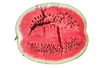 Red flesh inside sliced ripe watermelon closeup