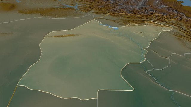 Ninawa, province with its capital, zoomed and extruded on the relief map of Iraq in the conformal Stereographic projection. Animation 3D