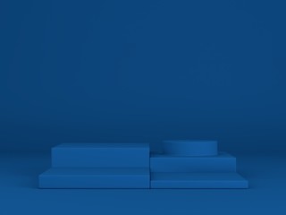 Minimal scene with podium and abstract background. Geometric shape. Classic Blue colors scene. Minimal 3d rendering. Scene with geometrical forms and blue background. 3d render. 