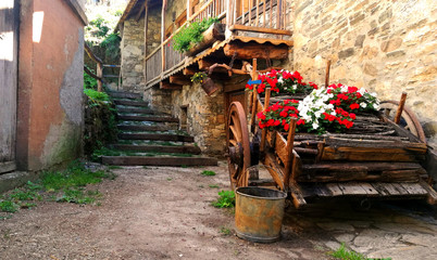 Asturias Spain Scene Spain. Old Town Rustic. Cart With Flowers. Spanish Medieval Towns.