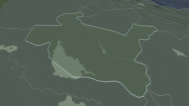 Sala ad-Din, province with its capital, zoomed and extruded on the administrative map of Iraq in the conformal Stereographic projection. Animation 3D