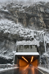 Entrance of a tunnel in France in Haute Savoie during heavy snow in winter
