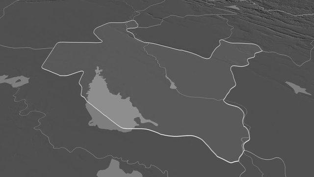 Sala ad-Din, province with its capital, zoomed and extruded on the bilevel map of Iraq in the conformal Stereographic projection. Animation 3D