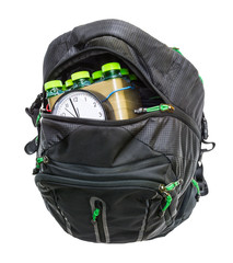 Time-bomb detail. Improvised explosive device in rucksack isolated on white background. Home-made...