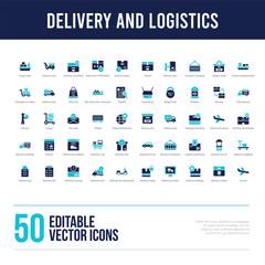 50 delivery and logistics concept filled icons