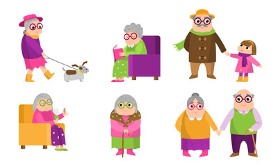 Elderly grey-haired women and men doing everyday things vector illustration