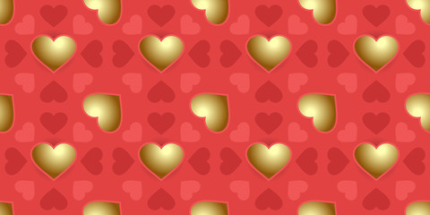 Seamless pattern with gold and red hearts on a pink background. vector illustration