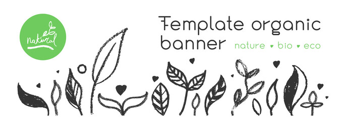 Organic food background for eco store. Eco-friendly icons set. Natural logo elements. Bio labels. Organic banner template for healthy design. Vector leaves pattern seamless. Agriculture growth logo.