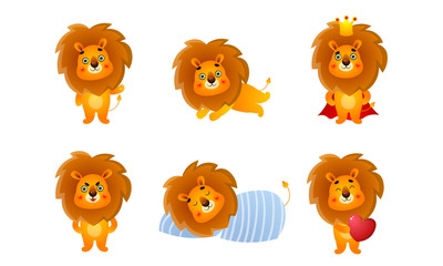 Cute funny red lion animals doing everyday things vector illustration