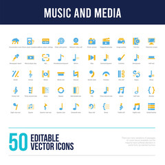 Fototapeta na wymiar 50 music and media concept filled icons