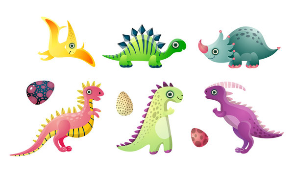 Set of cute funny colorful dinosaur animals vector illustration