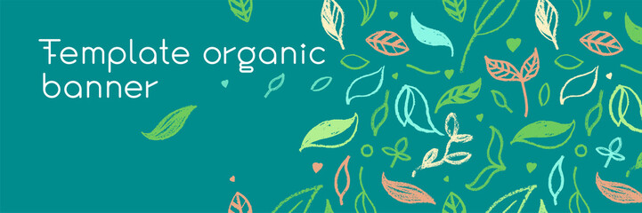 Organic food background for eco store. Eco-friendly icons set. Natural logo elements. Bio labels. Organic banner template for healthy design. Vector leaves pattern seamless. Agriculture growth logo.