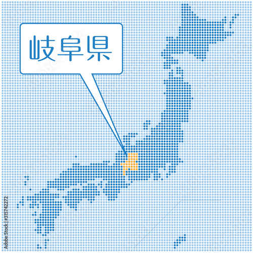 ドット描写の日本地図のイラスト 岐阜県 47都道府県別データ グラフィック素材 Wall Mural Globeds