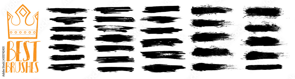 Poster detailed collection vector brush strokes, isolated on white background. ink splashes. black inked sp