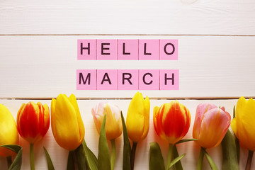 Hello March word, on a background with tulips. Spring concept