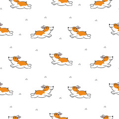 Running corgi dog vector seamless pattern.