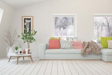 Stylish room in white color with sofa and winter landscape in window. Scandinavian interior design. 3D illustration