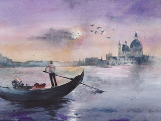 Venice evening Grand canal gondola Italy watercolor painting illustration  - 315743026