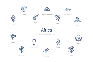 africa concept 14 colorful outline icons. 2 color blue stroke icons
