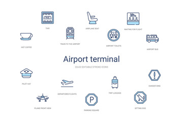 airport terminal concept 14 colorful outline icons. 2 color blue stroke icons