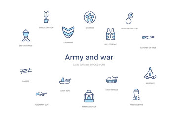 army and war concept 14 colorful outline icons. 2 color blue stroke icons © zaurrahimov