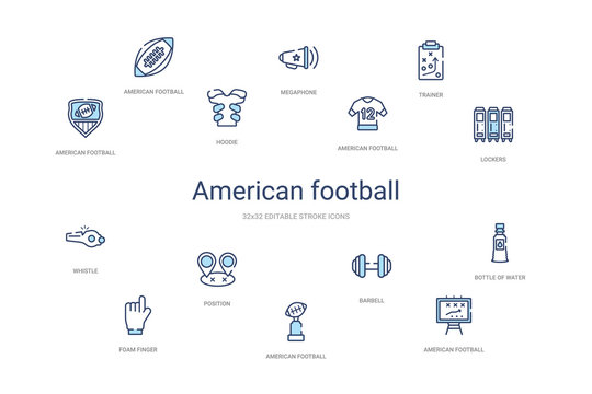 american football concept 14 colorful outline icons. 2 color blue stroke icons