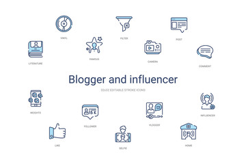 blogger and influencer concept 14 colorful outline icons. 2 color blue stroke icons