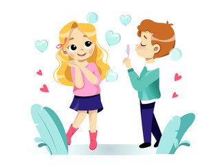 Happy Valentine s Day Greeting Card Concept. Couple In Love Is Flirting, Smiling and Blowing Soap Bubbles. Flat Style. Vector Illustration