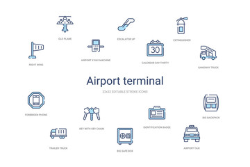 airport terminal concept 14 colorful outline icons. 2 color blue stroke icons