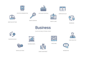 business concept 14 colorful outline icons. 2 color blue stroke icons