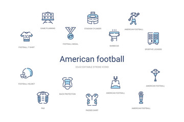american football concept 14 colorful outline icons. 2 color blue stroke icons
