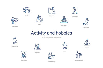 activity and hobbies concept 14 colorful outline icons. 2 color blue stroke icons
