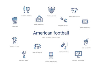 american football concept 14 colorful outline icons. 2 color blue stroke icons