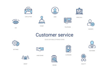 customer service concept 14 colorful outline icons. 2 color blue stroke icons