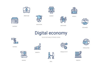 digital economy concept 14 colorful outline icons. 2 color blue stroke icons
