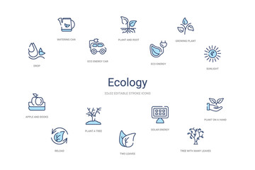 ecology concept 14 colorful outline icons. 2 color blue stroke icons