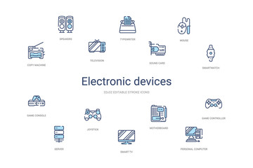 electronic devices concept 14 colorful outline icons. 2 color blue stroke icons