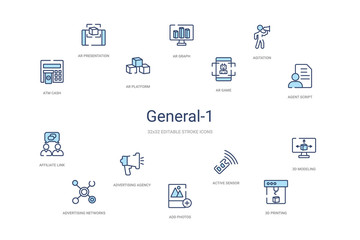 general-1 concept 14 colorful outline icons. 2 color blue stroke icons