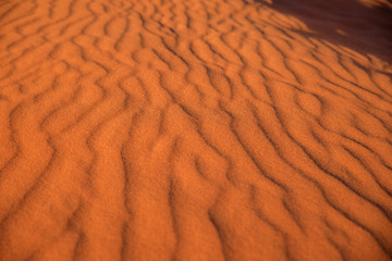 Close-up of the red and orange sand dune in Wadi Rum desert national park in Jordan