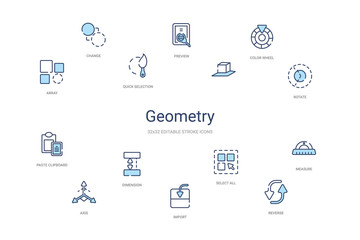 geometry concept 14 colorful outline icons. 2 color blue stroke icons