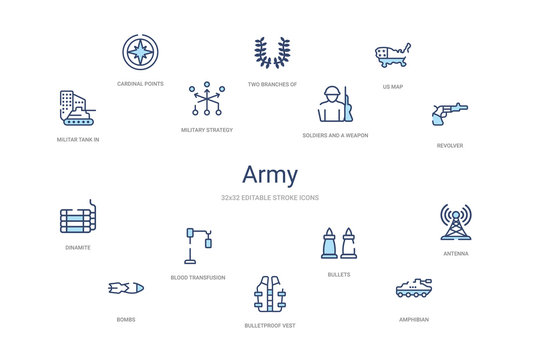 army concept 14 colorful outline icons. 2 color blue stroke icons