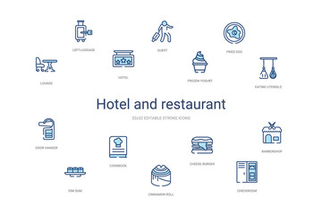 hotel and restaurant concept 14 colorful outline icons. 2 color blue stroke icons