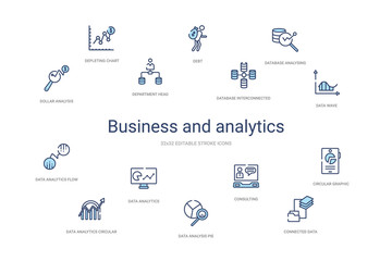 business and analytics concept 14 colorful outline icons. 2 color blue stroke icons