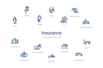 insurance concept 14 colorful outline icons. 2 color blue stroke icons