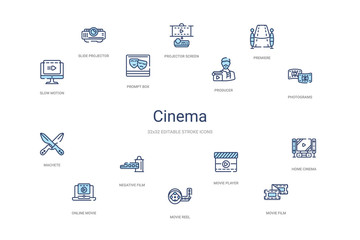 cinema concept 14 colorful outline icons. 2 color blue stroke icons