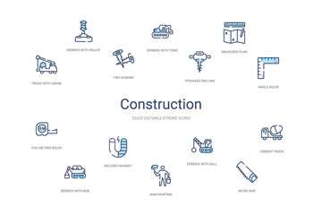 construction concept 14 colorful outline icons. 2 color blue stroke icons